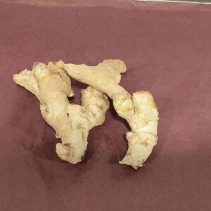 Plusieurs racines de gingembre frais, claires et noueuses, posées sur un fond marron foncé.