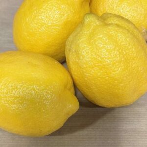 Quatre citrons jaunes vifs à la peau texturée, posés sur une surface claire avec des reflets. Agrumes frais.