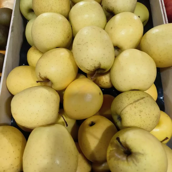 Un cageot rempli de pommes jaunes Golden Delicious fraîchement récoltées, prêtes à la vente dans un marché.