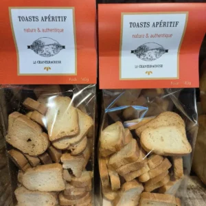 Deux paquets de toasts apéritif La Chanteracoise, 140g, avec morceaux de pain grillé dorés, portant l'inscription "nature & authentique".