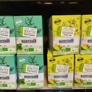 Boîtes de thé vert BIODYSSEE saveurs menthe, citron vert gingembre. Origine Sri Lanka, bio AB, 20 sachets. Fruité, gourmand, frais & zeste.