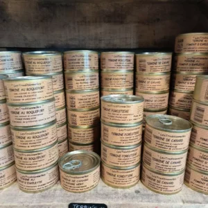 Collection de terrines artisanales 'Les Traditionnelles' en conserve: Campagne, Roquefort, Canard, Forestière, Piment d'Espelette, Viande Française.