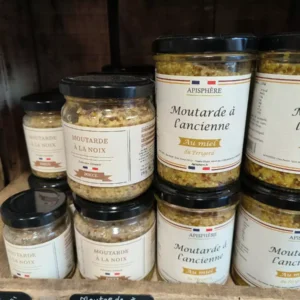Pots de moutarde artisanale Apisphère sur bois. Graines entières, à la noix douce et à l'ancienne au miel du Périgord.
