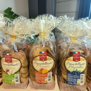 Sacs de biscuits croustillants Biscuiterie du Quercy aux pommes, mangue et myrtilles (175g), sans colorant ni conservateur, sur étagère.