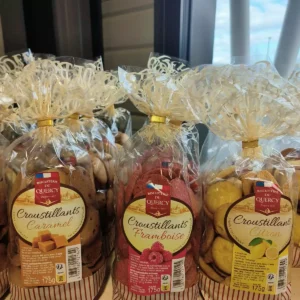 Paquets de biscuits Croustillants de la Biscuiterie du Quercy: Caramel, Framboise et Citron. Produits sans colorant ni conservateur.
