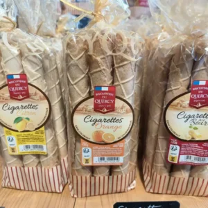 Trois paquets de Cigarettes Biscuiterie du Quercy (120g) : citron, orange, et au beurre. Sans colorant ni conservateur, fabriquées depuis 1967.