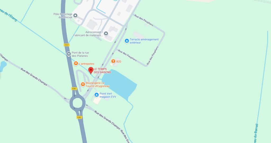 Carte Google Maps des environs de Le Temps des Saisons, Boulangerie Le Fournil d'Eygreteau. Voie D261, L'antrepotes, Point Vert, étang.