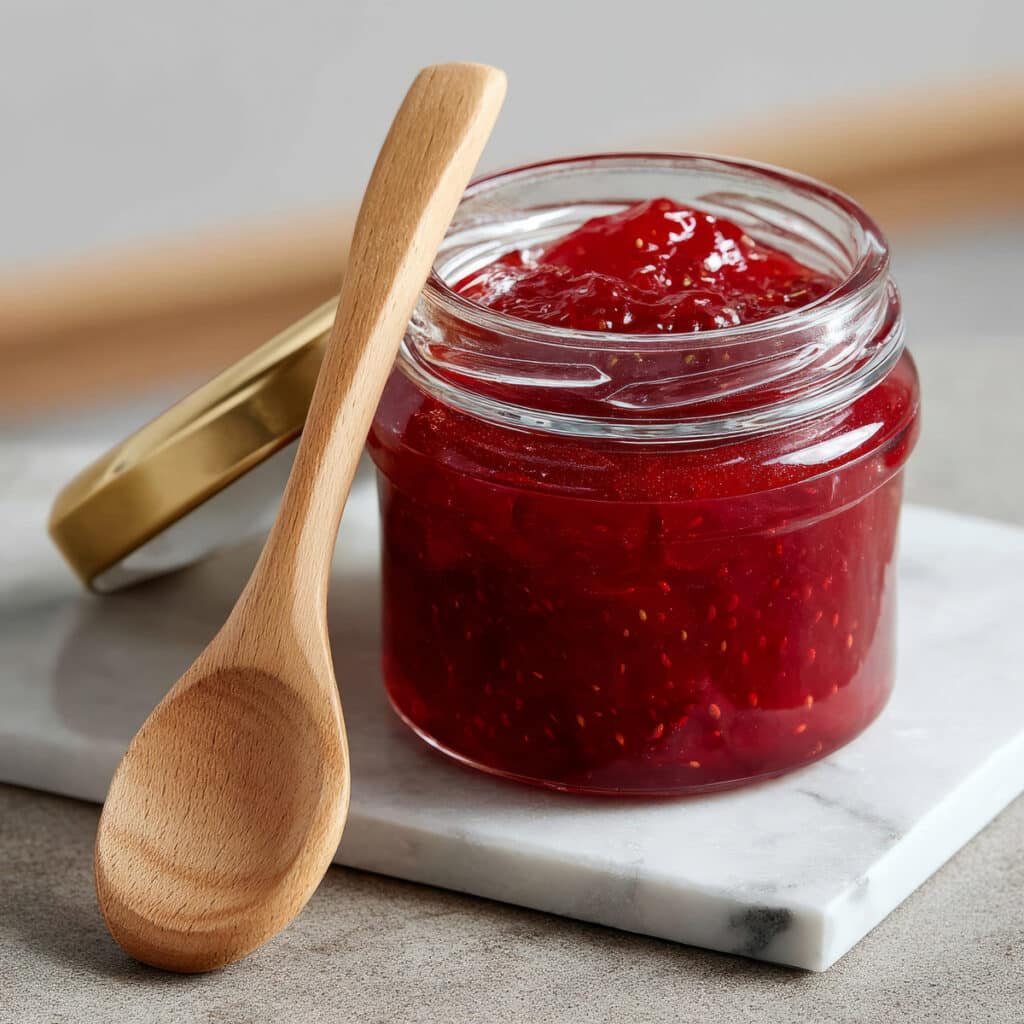 Pot ouvert de confiture de fraise maison sur planche en marbre blanc, avec une cuillère en bois à côté. Le couvercle doré est visible.