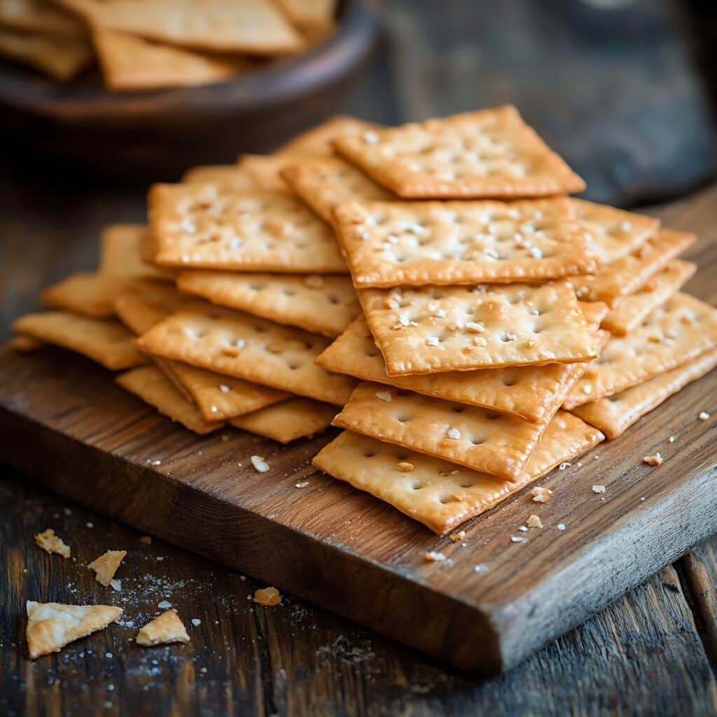 Pile de crackers rectangulaires dorés, parsemés de sel, sur une planche en bois foncé. Quelques miettes et un bol de biscuits en arrière-plan flou.