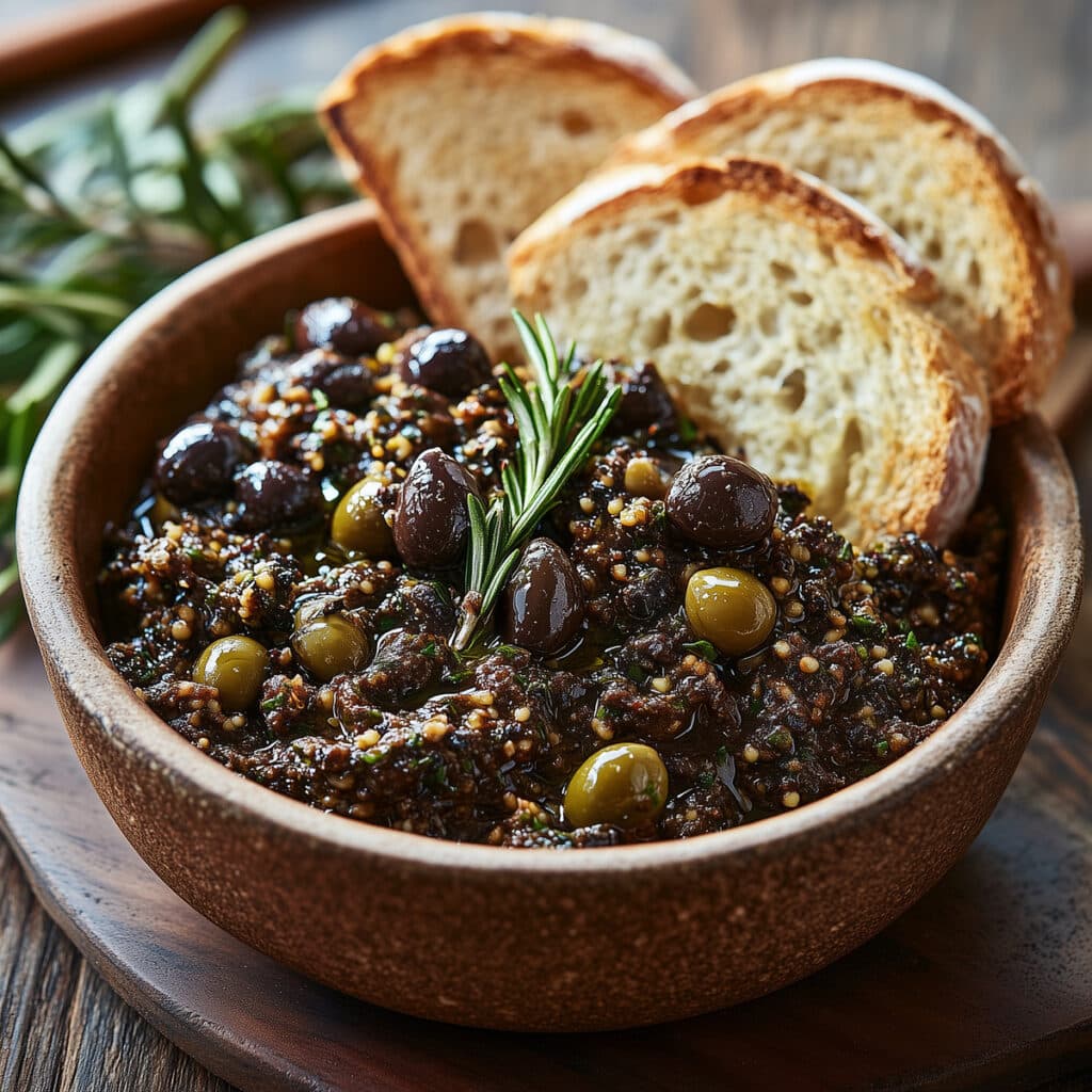Tapenade d'olives noires et vertes dans un bol en bois, garnie de romarin, avec des tranches de pain croustillant.